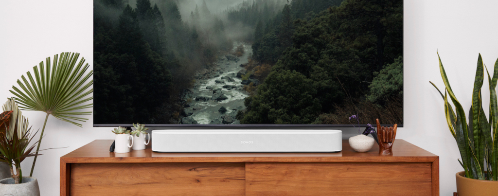 White Sonos Beam (Gen 2) underneath a TV